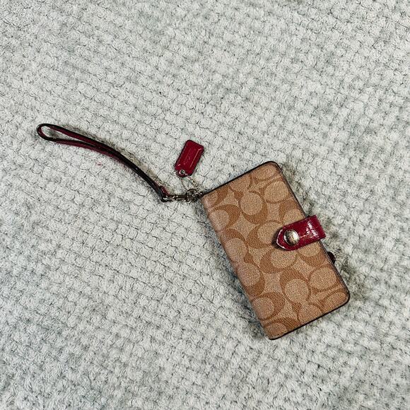 Vintage y2k COACH Pink Lined Brown Monogram Wristlet Wallet Leather - Picture 1 of 10